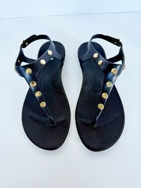 Oka B T-Strap Thong Sandal Rubber Black Gold Studded Sandal Size 9